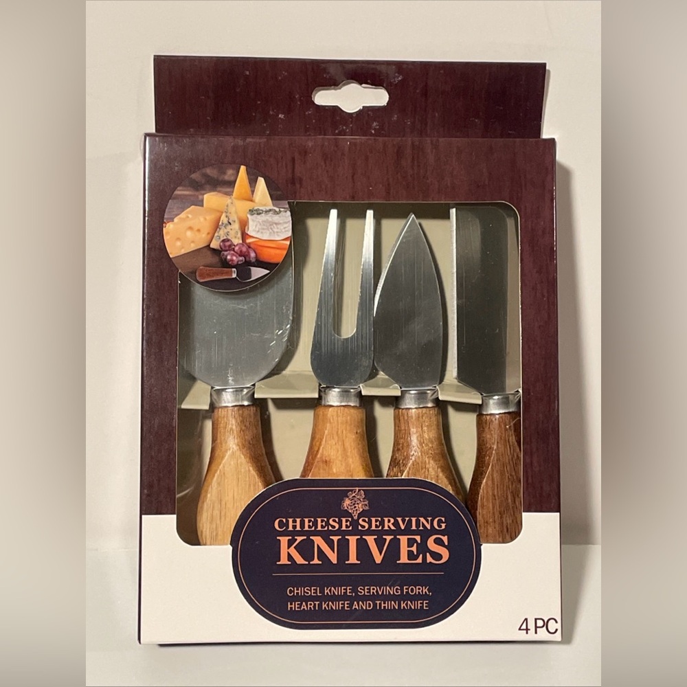 Evriholder 4-Piece Cheese Knife Set NIB SS with Wooden Handles L2012 New